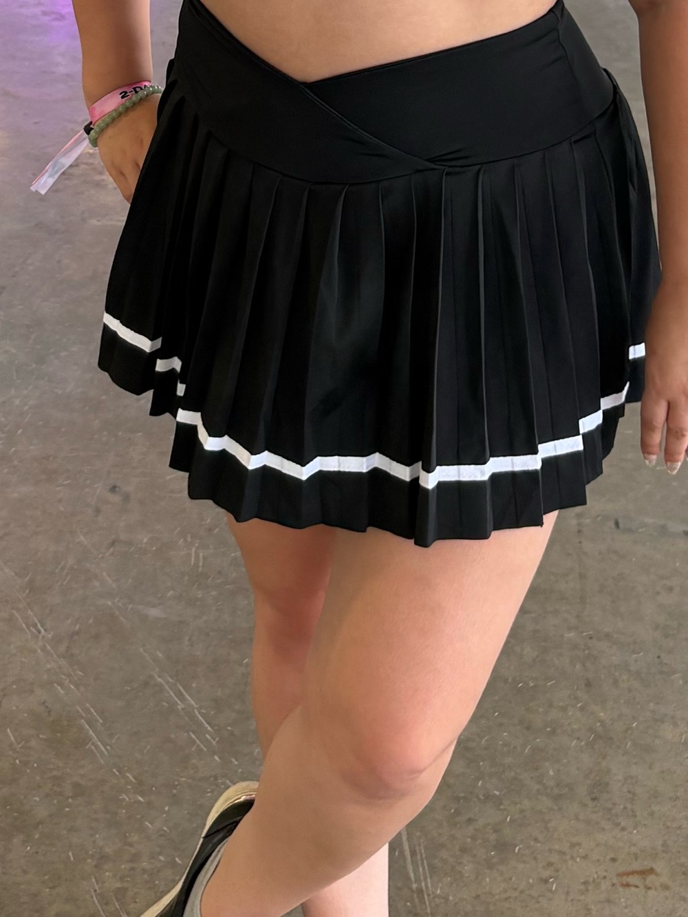 Black Pleated Skater Skirt with White Stripe